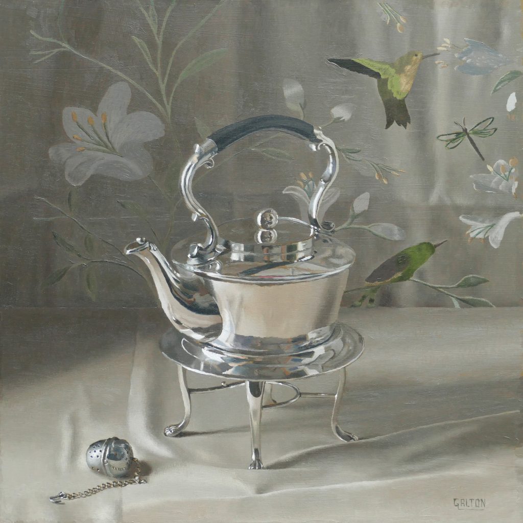 Silver teapot with a Tropical Background Oil on board 13 x 13 inches £3,400-min