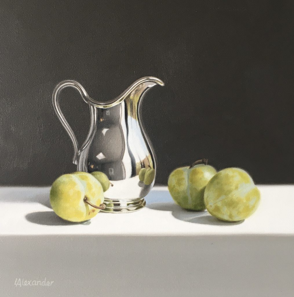 Silver-Jug-and-Greengages-Oil-8.5-x-8.5-inches-1845